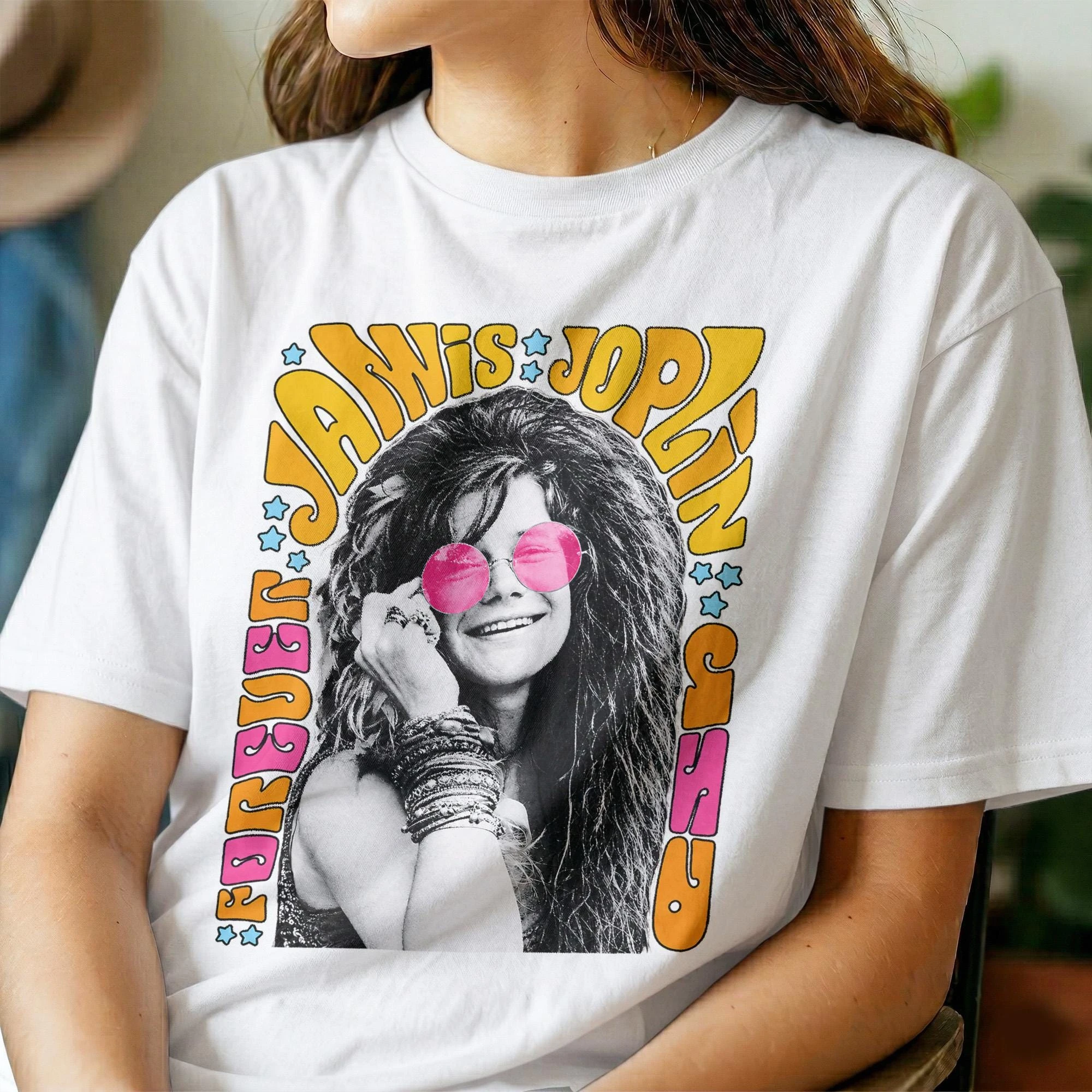 Janis Joplin T-shirt | 70s Psychedelic Retro Portrait Unisex Fashion Women's T-shirt, Casual Street Fashion Women's T-shirt