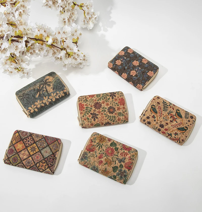 5pcs Card Holder Cork Leather Bird Coconut Tree Retro Short Wallet Mix Style