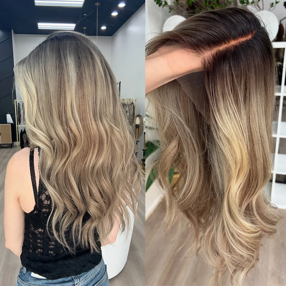 

Honey Golden Blonde Synthetic Lace Front Wig with Darker Roots Pre-plucked Natural Hairline Cosplay Wig for Women Heat Resistant