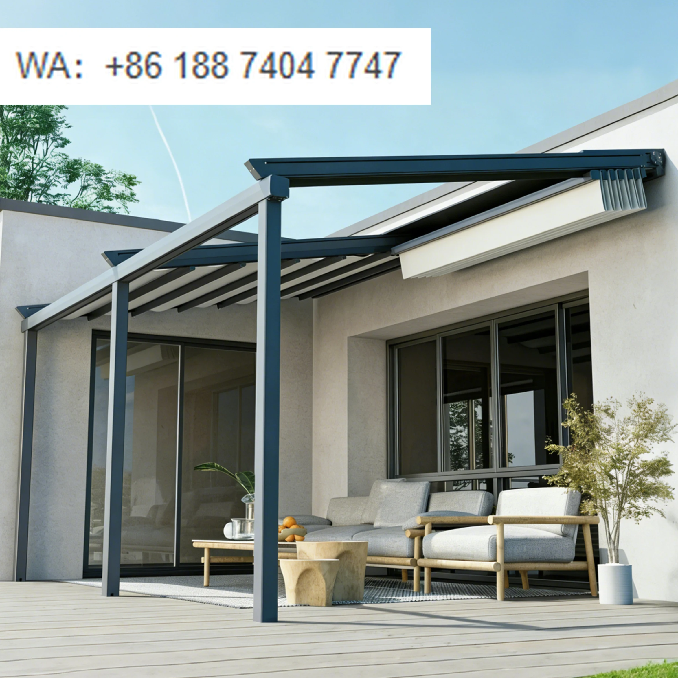 

Outdoor Luxury Balcony PVC Motorized Retractable Roof Awning with LED Lighting Electrical Dimmable Aluminum Pergola System