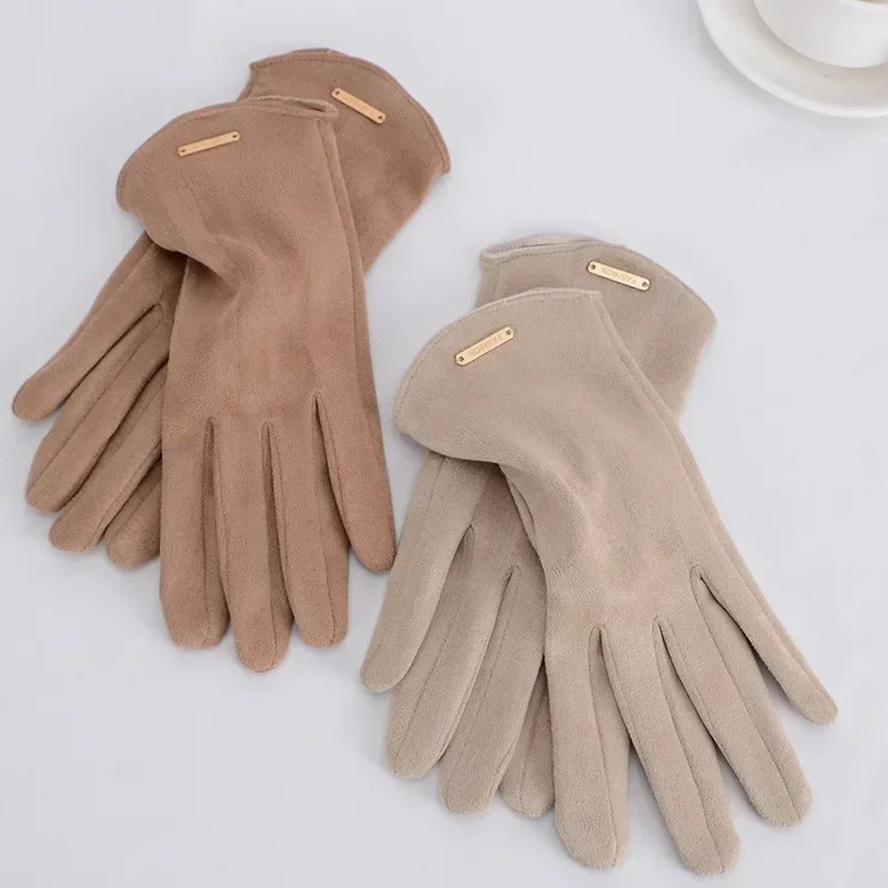 Women Autumn Winter Keep Warm Touch Screen Thin Solid Simple Gloves Cycling Drive Suede Fabric Elegant Windproof