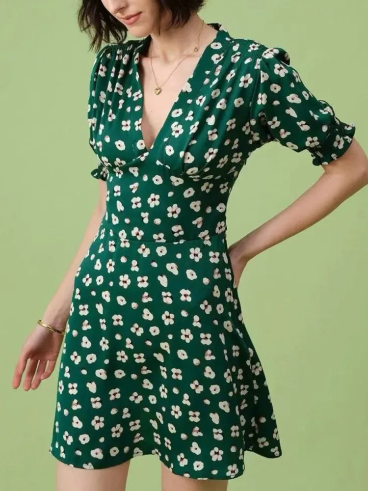 Retro Printed Green Dress 2025 European And American Style Summer Puff Sleeve Elegant Dress Streetwear Casual Party Mini Dress