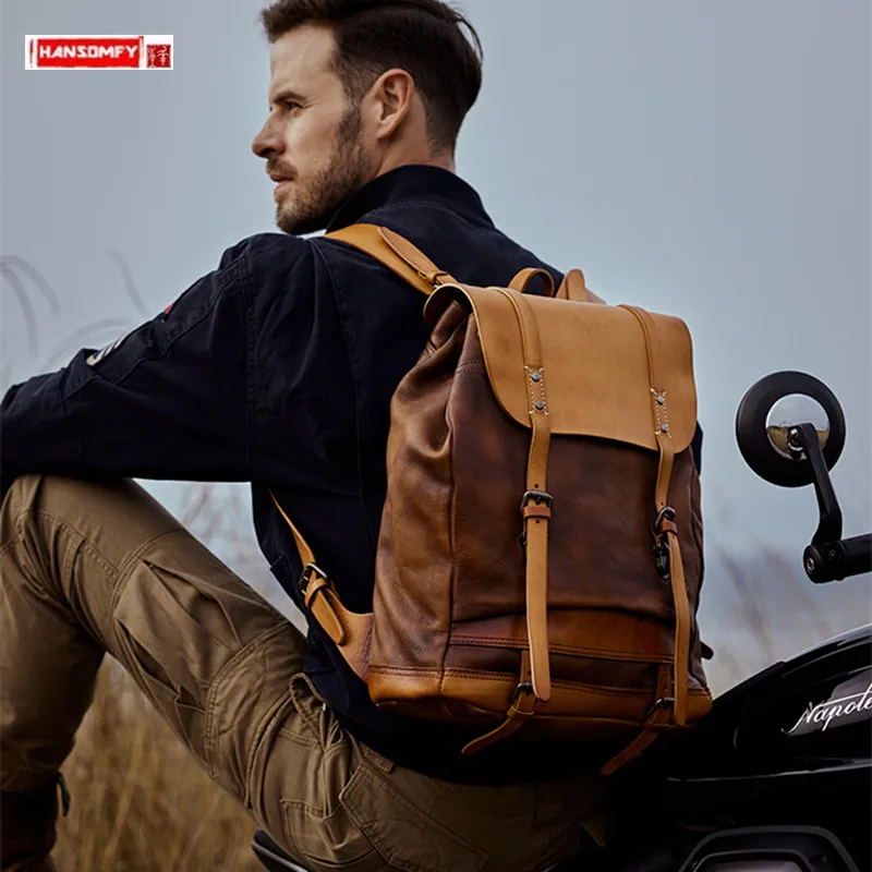 

The First Layer Of Cowhide Men's Backpack Retro Short Trip Real Leather Laptop Bag Schoolbag New Men's Large Capacity Backpacks