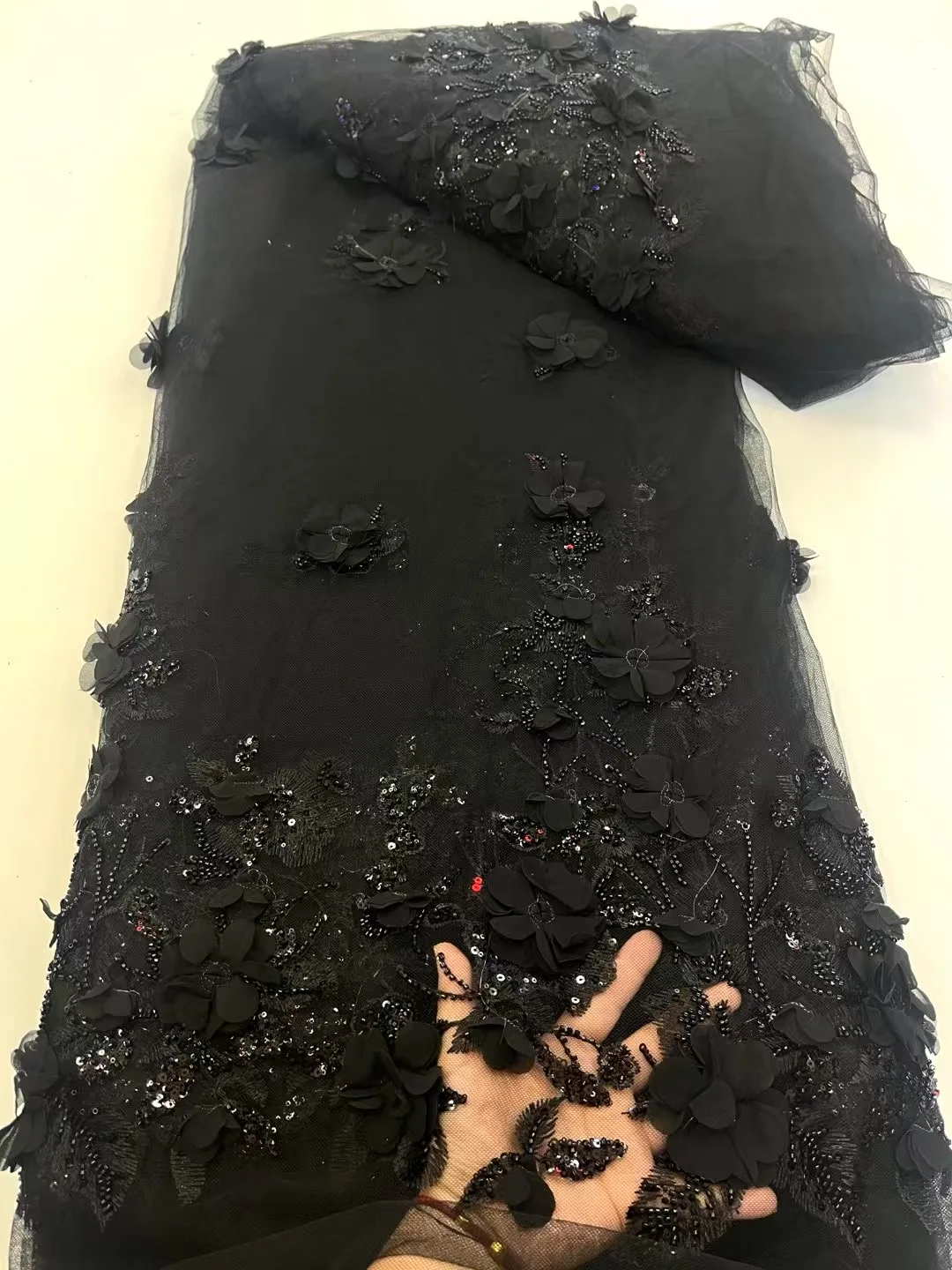 

3D Flowers In Black French Lace Fabric 2025 High Quality Net African Lace Fabric With Sequins Lace Fabrics For Wedding HXC6359