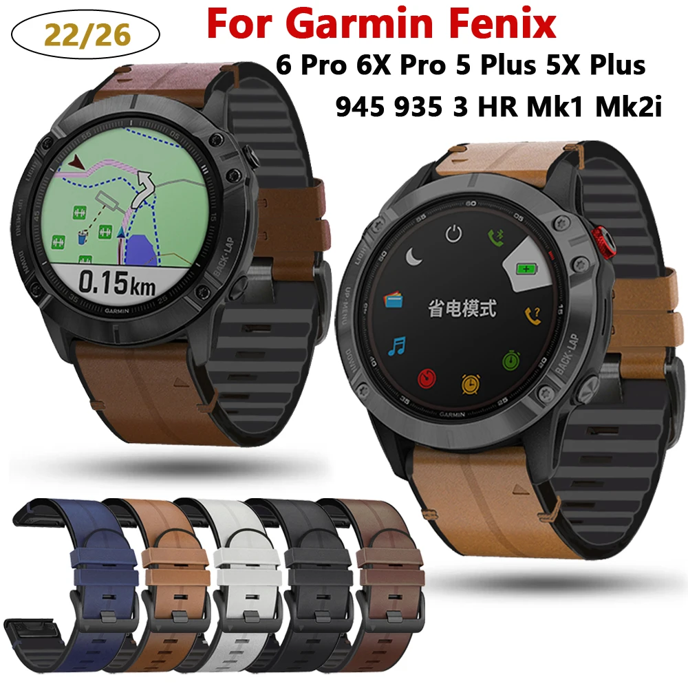 

22 26mm Smart Watch Silicone Leather Strap For Garmin Fenix 6 6X Pro 5X 5 Plus 3 HR 935 945 Mk1 Quick Release Watchband Bracelet