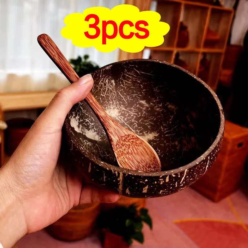 Wholesale Natural Coconut Bowls For Serving Dishes Salad Oatmeal Yogurt Reusable Wooden Coconut Shell Bowl Kitchen Tableware Set