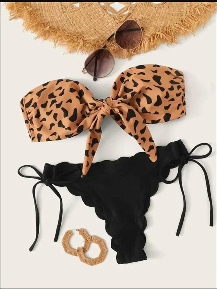 Beach Bikini 2024 Woman Sexy Front Lace Up Tie Bandeau Leopard Swimsuit Female Push Up Ruffled Bow Bathing Suit Thong Swimwear