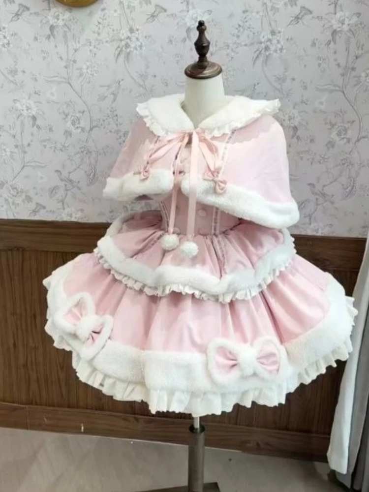 Fashion Women’s Design Pink Lolita Set Bowknot Hoodie Ruffle Skirt Lovable Sweetheart Dress Elegant Kawaii Sweet Winter Outfit