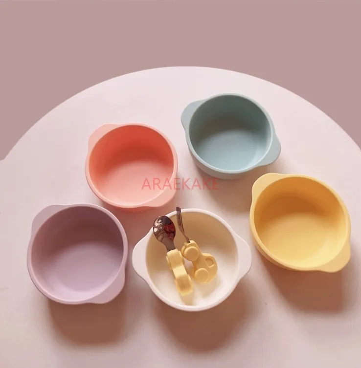 2pcs Food grade silicone baby anti fall complementary food with two ear bowls, soup bowls, portable for outdoor use