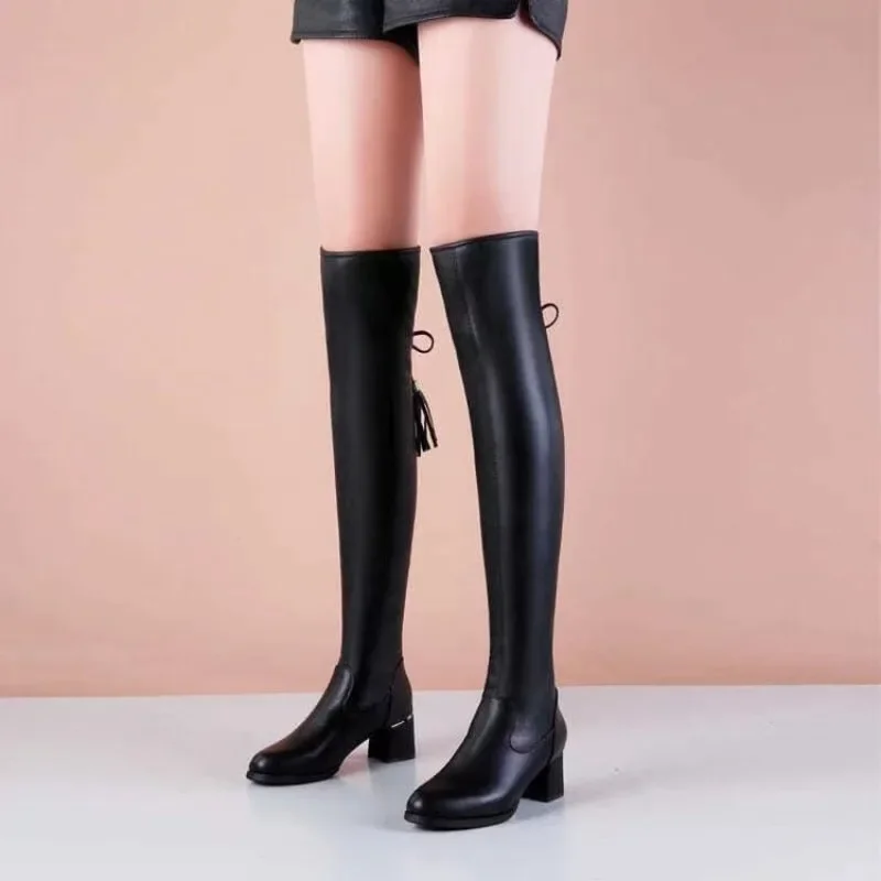 2024 new knee high elastic autumn and winter boots look slim, black thick leg long tube fashionable thick heel women's boots