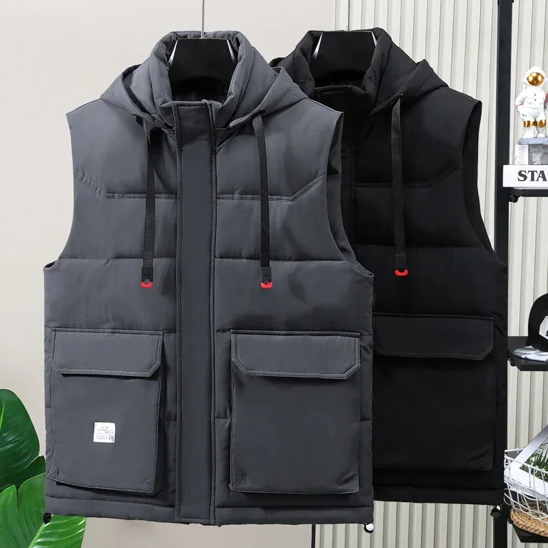 Plus Size Sleeveless Parkas Man 2023 New Brand Hot Men's Winter Coat Korean Style Thick Warm Hooded Vest with Big Pockets
