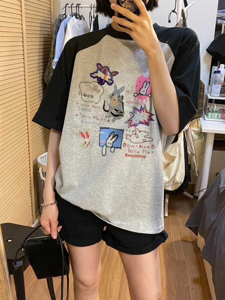 Grunge Sweet Loose Contrast Color Patchwork T-shirts Summer Casual Short Sleeve Vintage Funny Print All Match Y2k Aesthetic Tees