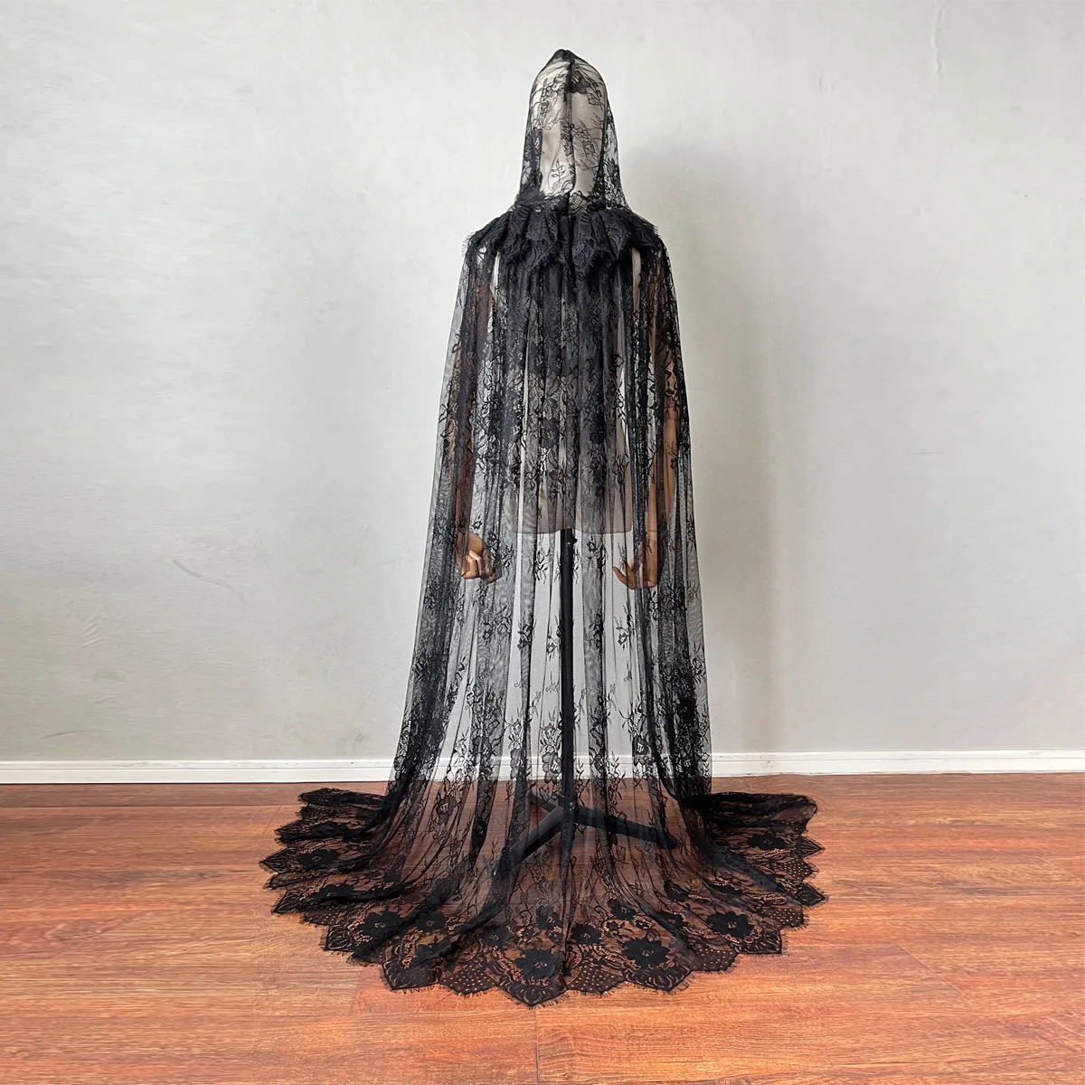 Women's Spring Summer Big Long Black Mesh Pashmina Female Performance Party Show Hooded Shawl Cloak Collar R2555