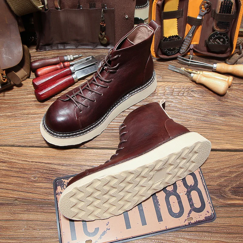 New Handmade Men British Ankle Boots Antumn Winter Cow Leather Vintage Tooling Boots Business Outdoor Motorcycle Boots