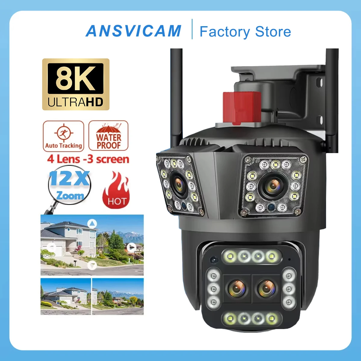 

16MP 8K HD WiFi Camera Outdoor 12X Zoom Four Lens Three Screen Auto Tracking Security Protection 4K PTZ Video Surveillance CCTV