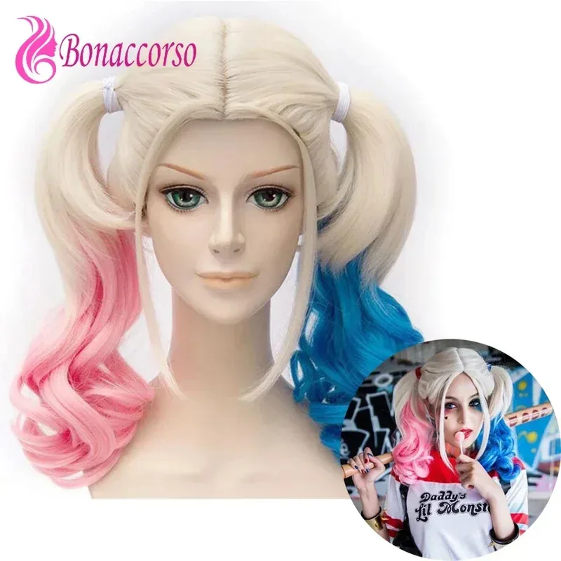 Cosplay Harley Quinn Double Ponytail Synthetic Long Curly Wig Cute Girl Heat Resistant Fiber Cosplay Clown Girl Wig Daily Party