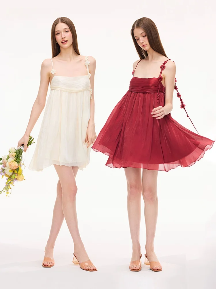 

XENASERA Holiday Glow Chiffon Pleated Strap ort Skirt Soft Polyester A-Line Skirt Summer 2026 Women's Fashion Dress