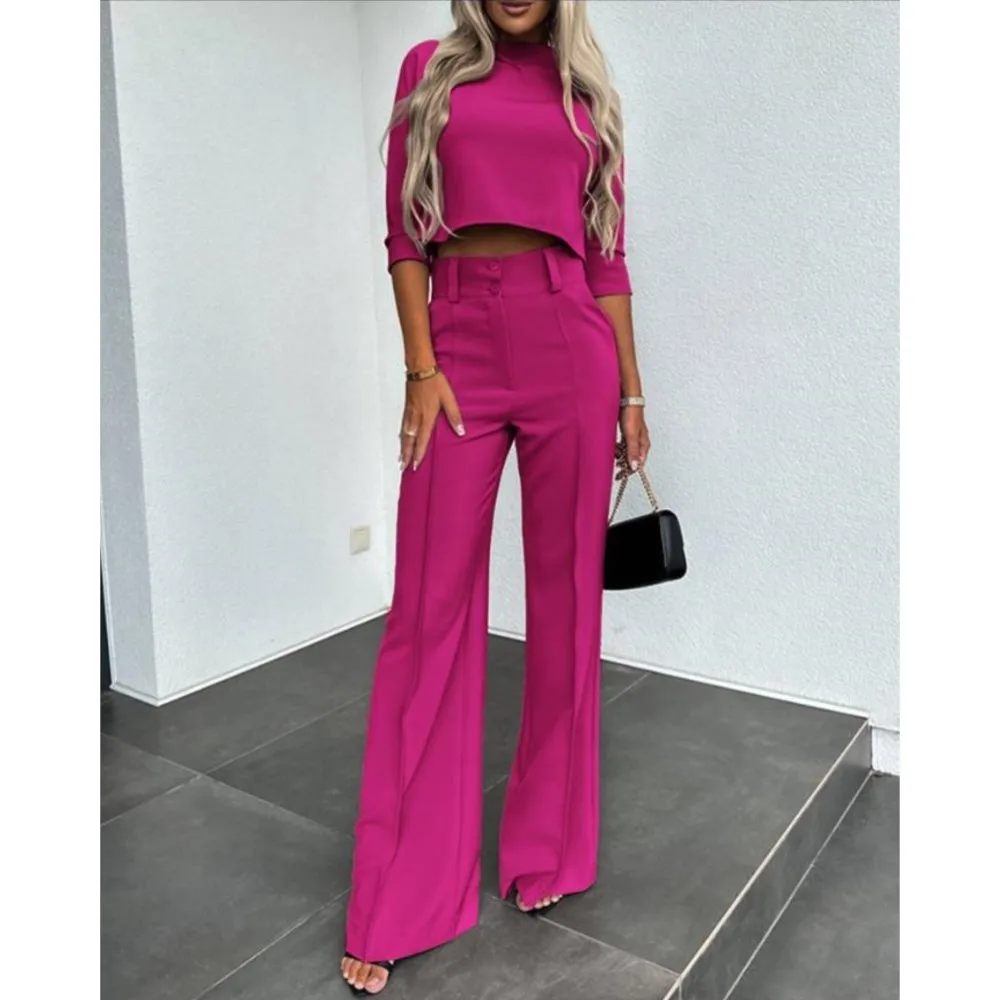 Elegant Crop Top High Waist Wide Leg Pants Two-piece Set For Women 2024 New Autumn Fresh And Sweet Female Fashion Casual Outfits