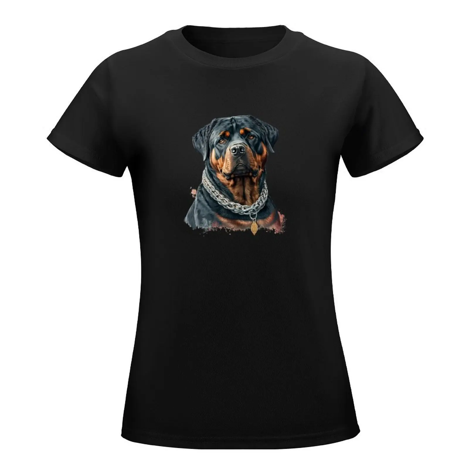 Rottweiler Dog Surrealistic With Big Silver Chain And Golden Name Necklace T-Shirt female Woman clothes