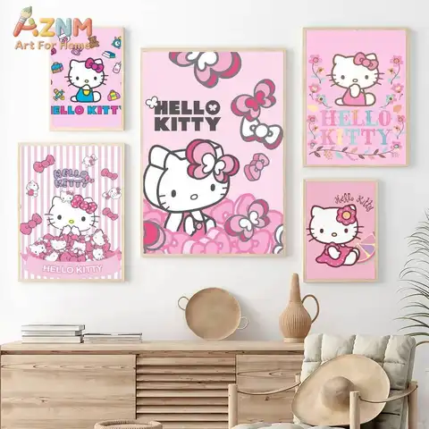 AZNM Hello Kitty Kawaii Sanrio Canvas Wall Art, Cute Cartoon Cat Unframed Print Poster, Pink Bow Flower Themed Canvas Painting,