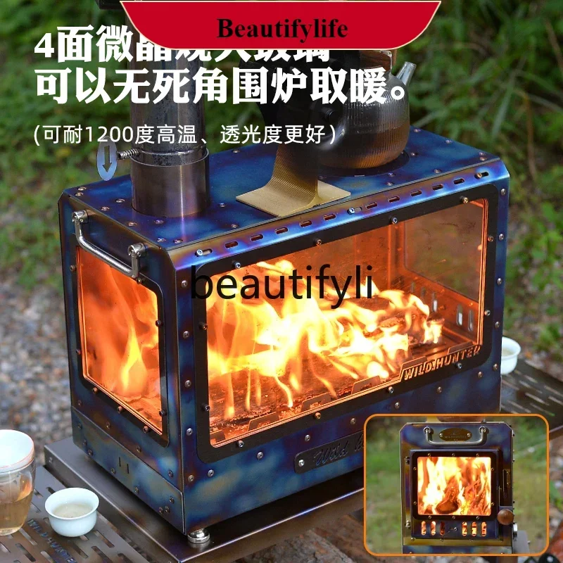 

E132 Pure titanium large wood stove tent indoor 4-sided viewing fireplace outdoor camping lightweight heating stove