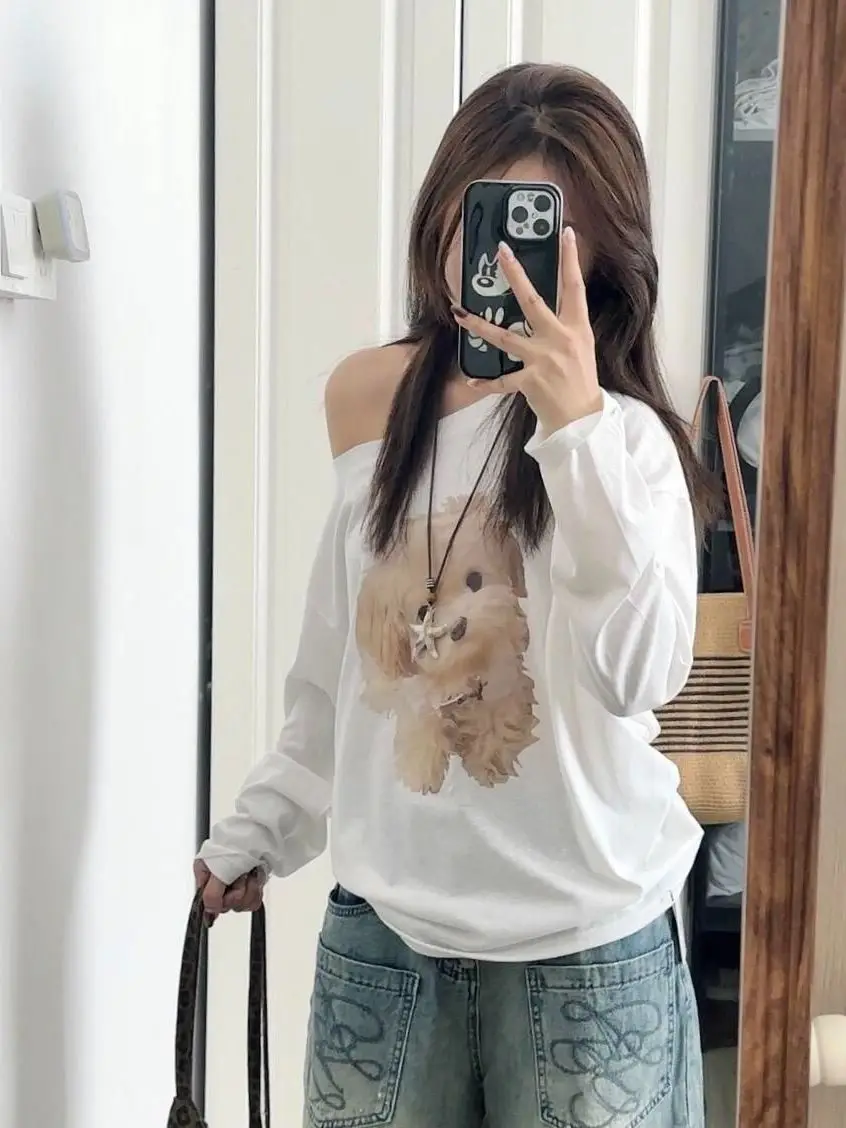 Korean Style Sweet Cute Pet Dog Print Diagonal Shoulder Loose Long Sleeve Women's T-Shirt Summer Sun Protection Top Casual Lo...