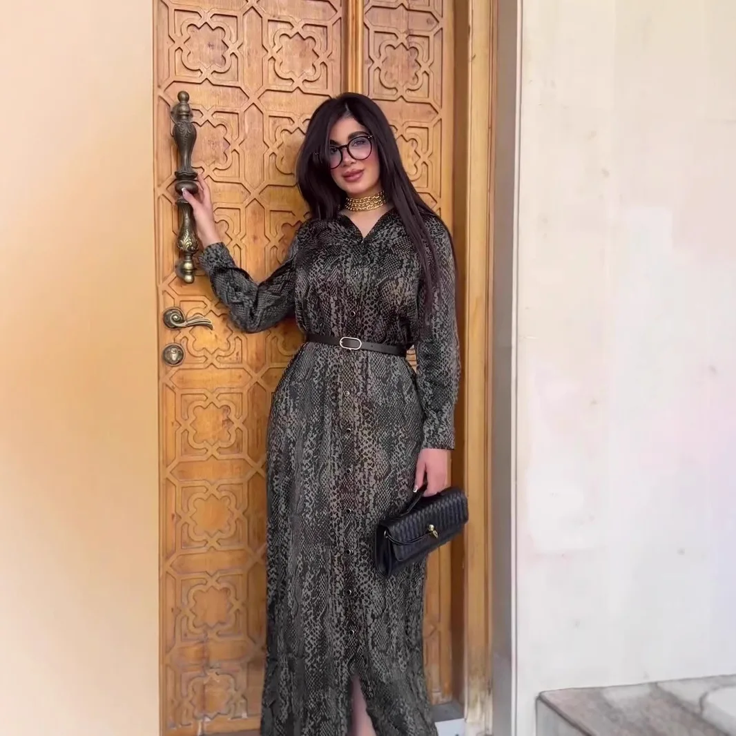 

Retro Snake Printing Shirt Dresses Spring Women Single Breasted Long Sleeves Dress Autumn High Waist Straight Knee Length Dress