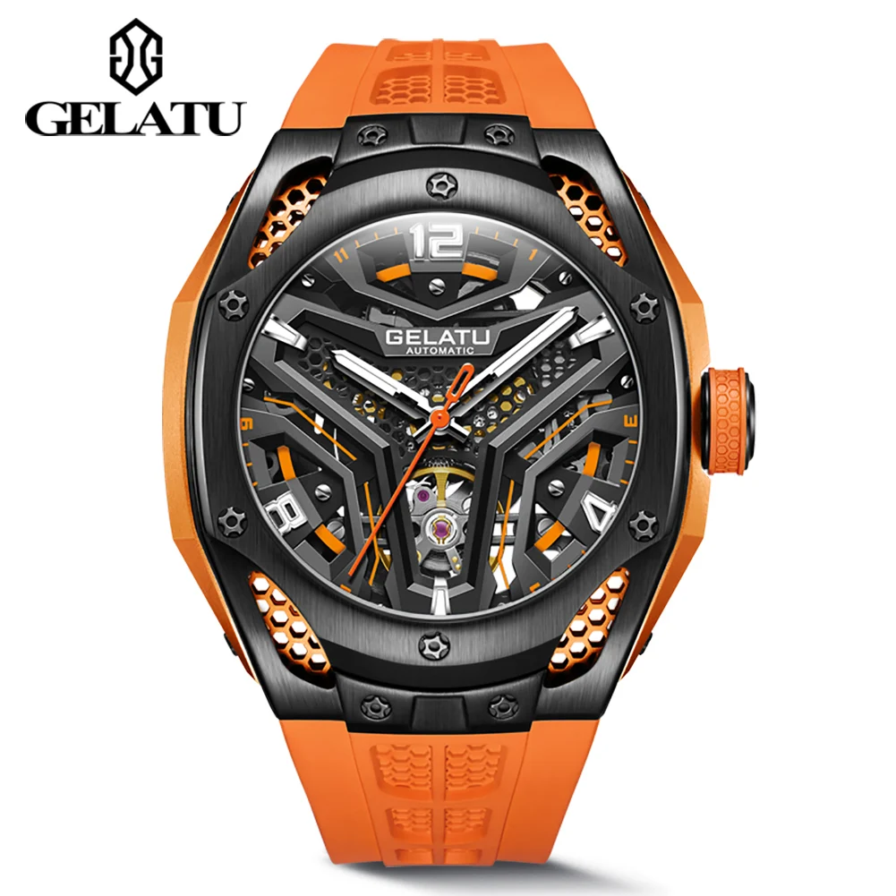 

GELATU Luxury Original Automatic Watch for Men Mechanical Waterproof Skeleton Silicone Sapphire Crystal Military Wristwatch