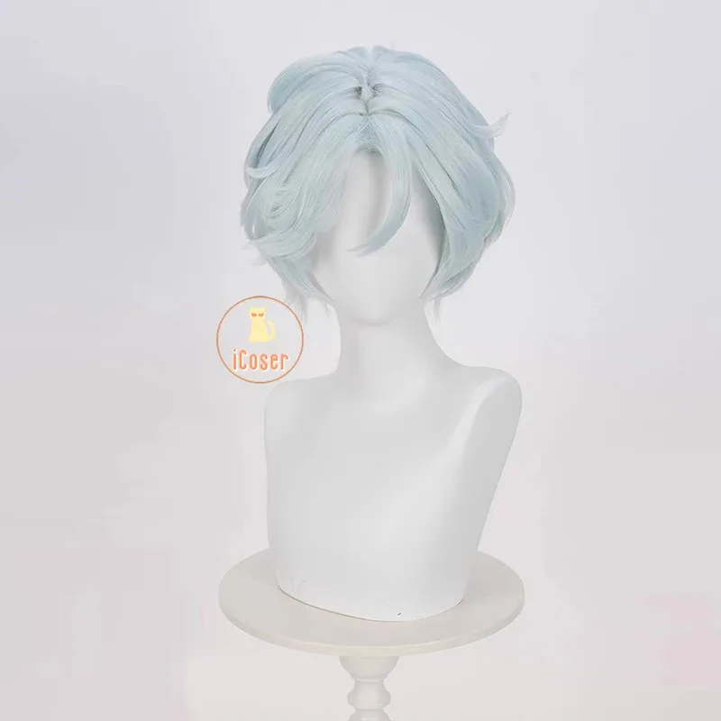 

asdh8@Genshin Impact Ifa Cosplay Wig Light Blue Short Hair Tlalocan Flower-Feather Clan Natlan Halloween Party for Women Men Car
