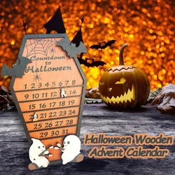 Calendario dell'avvento di Halloween calendario dell'avvento in legno spettrale a forma di bara Bat Spider Ghost Decor calendario di Halloween 31 giorni