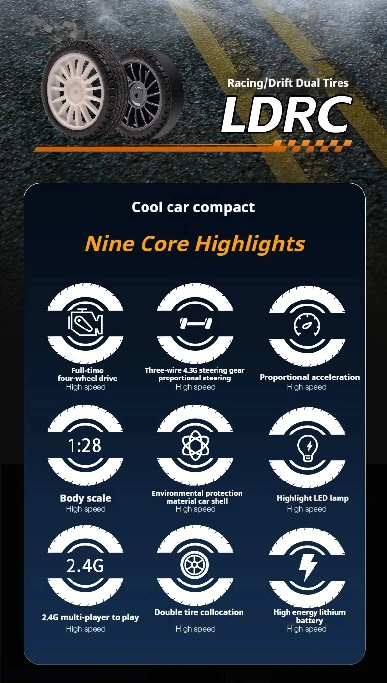 

LDRC LD2801 LD2802 LD2803 LD2804 1/28 4WD RC Drift Car Proportional Steering LED Headlights 2.4G Toys For Kids