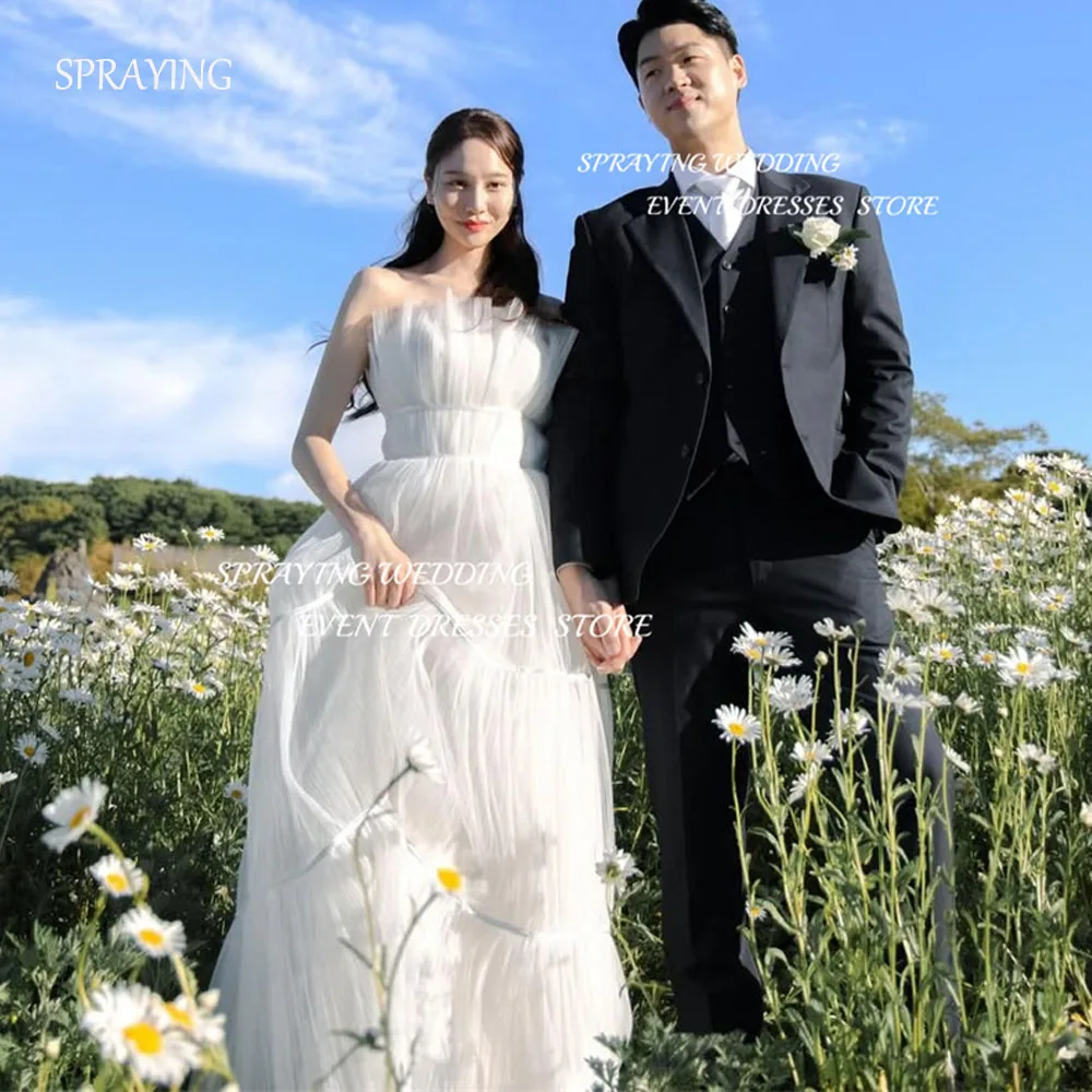 

SPRAYING Princess Tulle Wedding Photo Shoot Dress A line Strapless Floor Length Korea Bridal Gowns Corset 웨딩드레스 Customized 2025