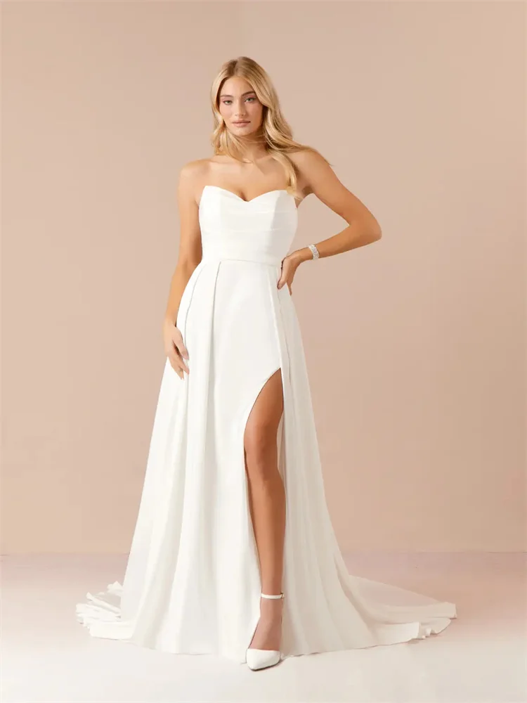 

Hot Selling V Neckline Sleeveless A-Line Satin Wedding Dress Elegant Open Back Button Floor Length Chapel Train Gown For Bride