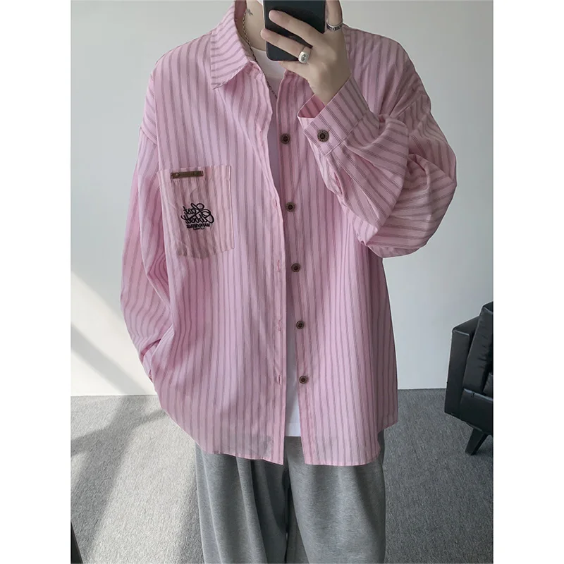 

M-XXXXXL Single Breasted Striped Shirt with Chest Pocket Plus Size Long Sleeve Collared Blouse Men's Breathable Casual Office