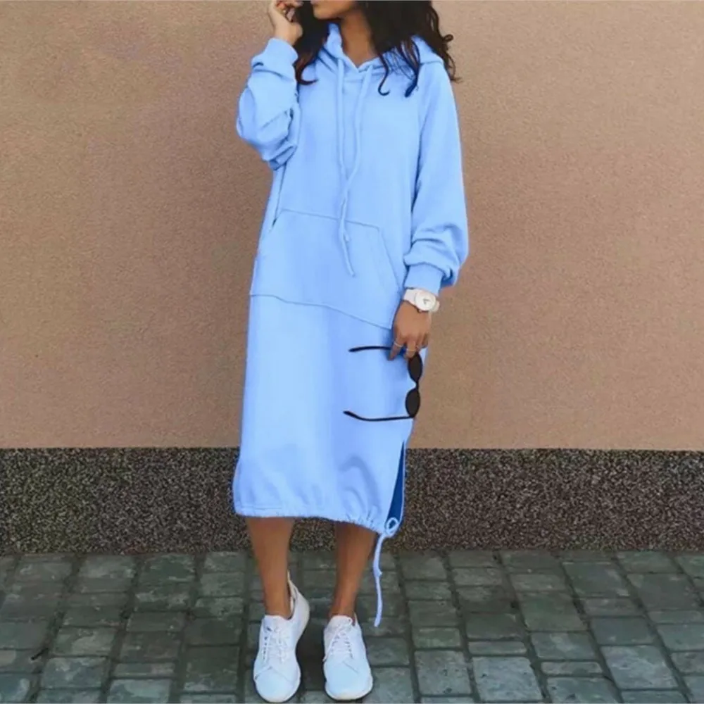 Autumn Winter Fashion Hoodie Long Sleeve Solid Color Dresses Women'S Simple Loose Pocket Drawstring Hoodie Casual Female Dress