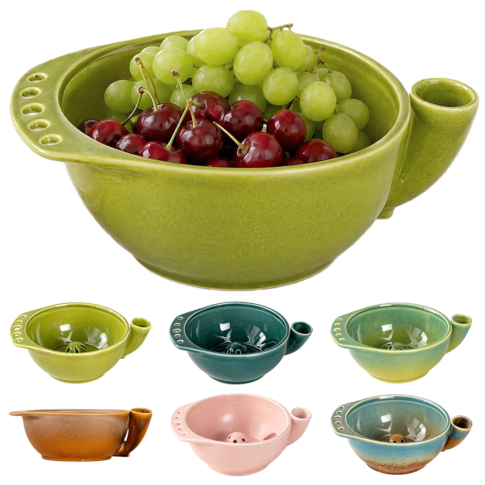 Self-Spinning 9.45'In Berry Bowl with Drain Holes Ceramic Fruit Bowl Fruit Washing Bowl Fruit Washer with Strainer and Colander
