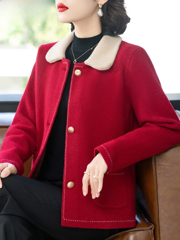 

Double-Faced Woolen Coat for Middle-Aged Women Faionable Wedding Dr Autumn Winter Polyester Fiber Straight Cut Sle