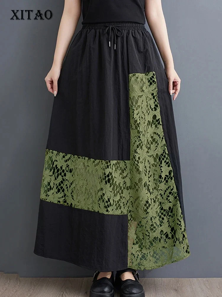 

XITAO Loose Lace Patchwork Skirt Temperament All-match Floral Pocket Women Summer New Casual Slimming A-line Skirt WLD20149