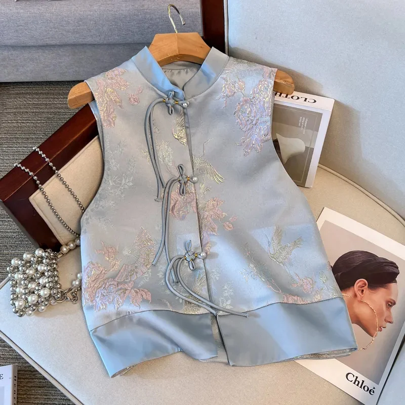 New Chinese Style Buckle Vest for Women 2025 New Spring Autumn Jacquard Sleeveless Jacket Tops Fashionable Vest Female Waistcoat