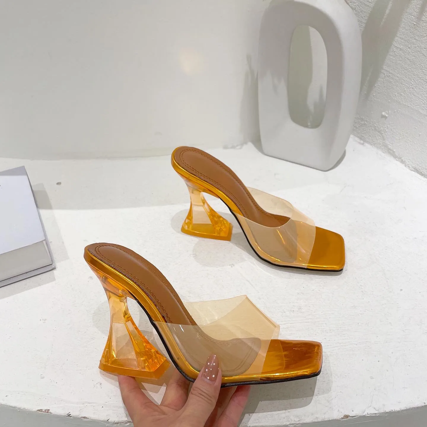 2023 Summer Women Slippers Fashion Sexy Square Head PVC Transparent Heel High Heels Temperament Party Shoes