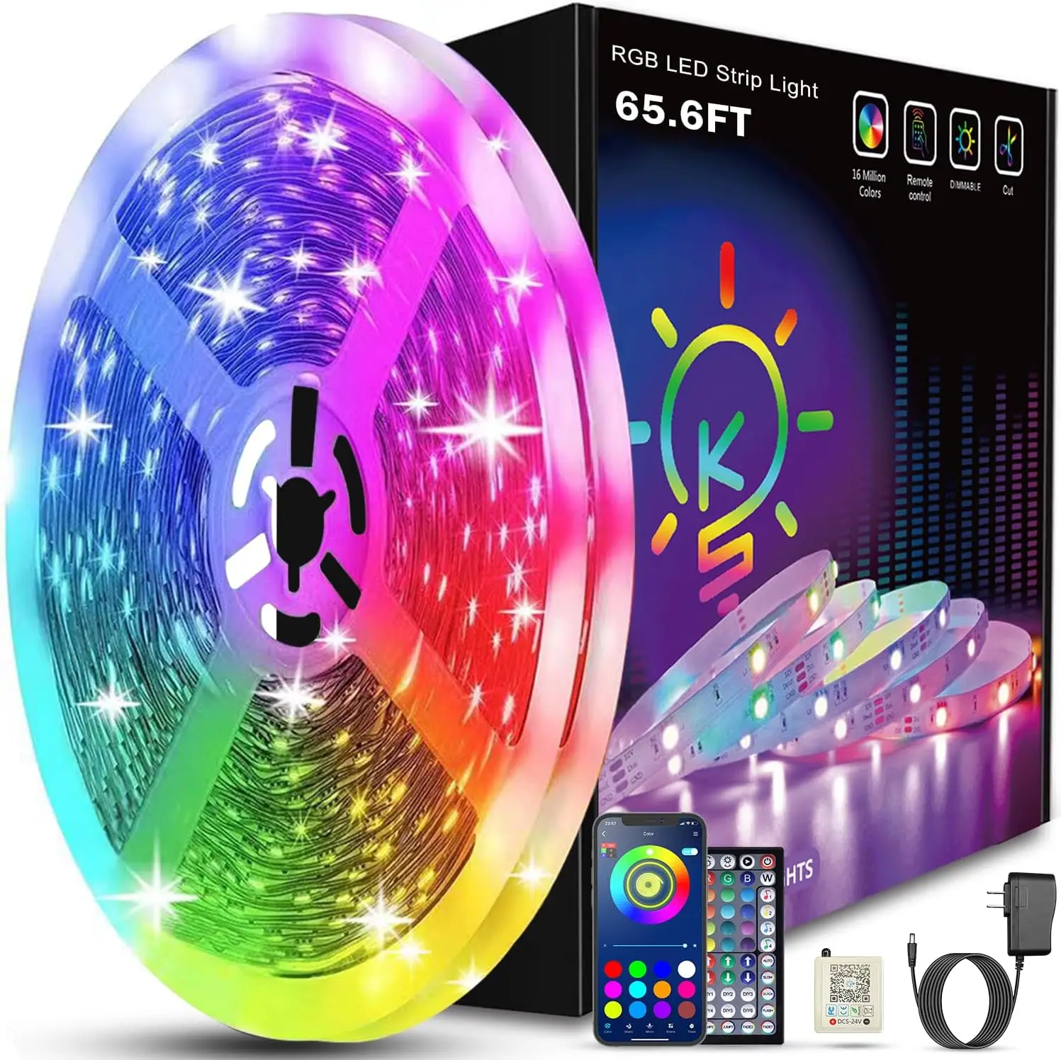 

Светодиодные ленты RGB длиной 65,6 футов с Bluetooth и управлением через приложение для спальни, кухни, украшения вечеринок