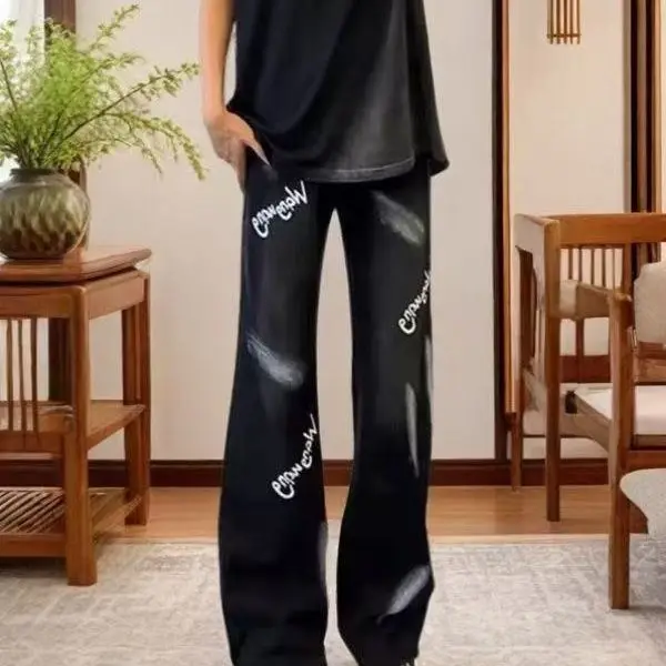 Mud Yellow Graffiti Splashing Ink Micro-pull Jeans Men's High Street Pants Trendy Brand Ruffian Handsome Straight Scimitar Pants
