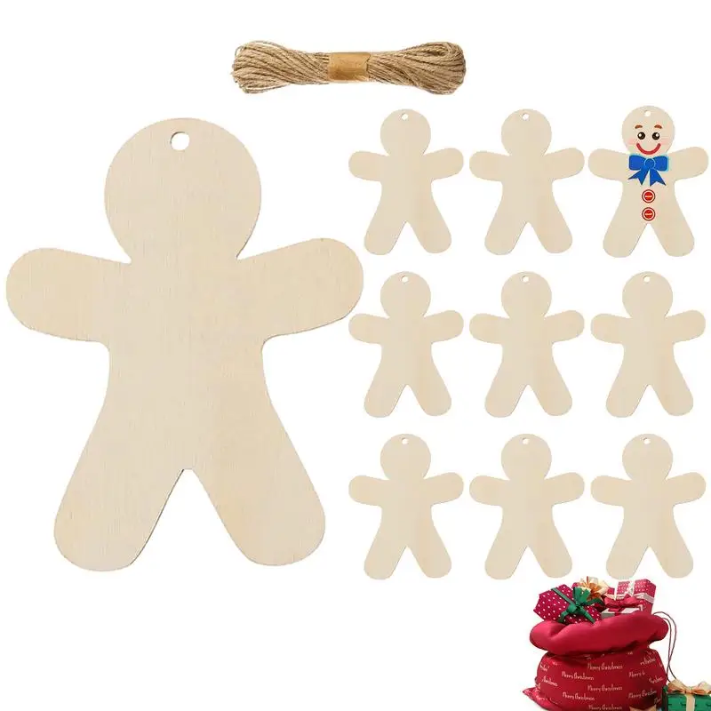 Gingerbread Man Wood Cutouts Unfinished Wooden Shapes Blank Slices Xmas Ornaments Slices Ropes Diys Crafts Party Hanging Decor