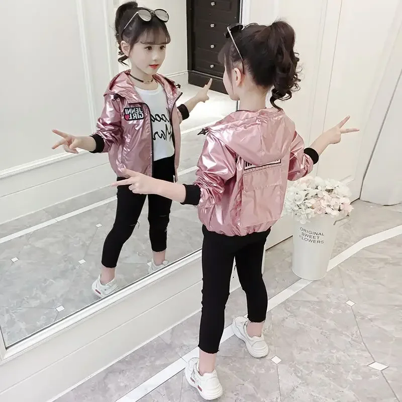 

Girls' Fashionable Jacket Hooded Zipper Glossy Leather Face Ticker 2024 Spring Autumn Solid Korean Children's Clothes 5 6 8 9 10