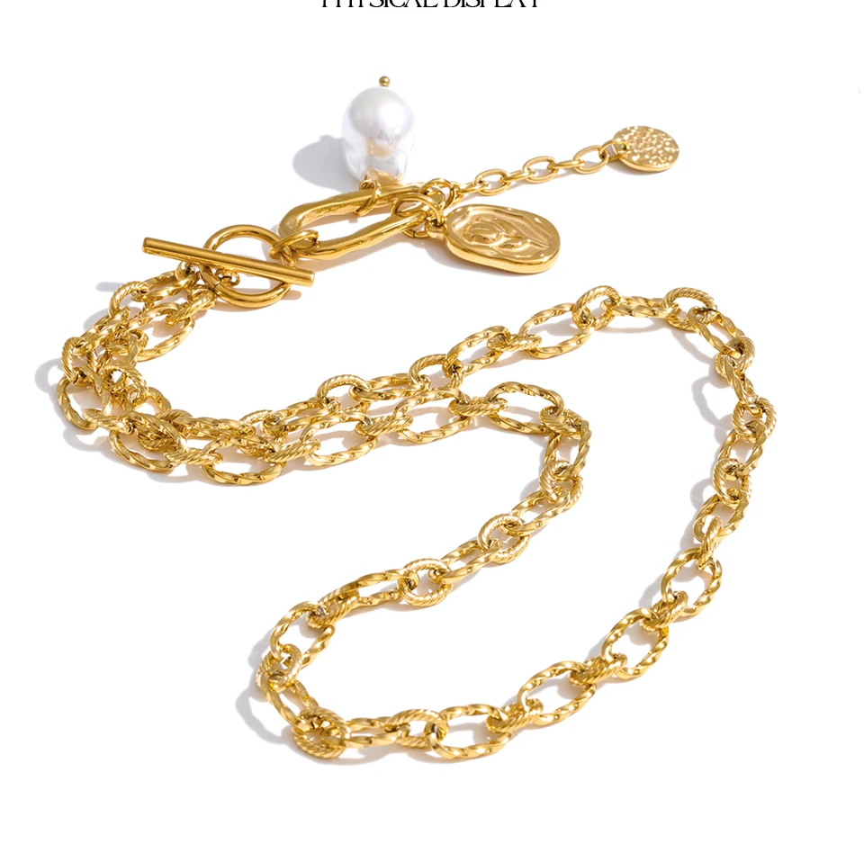 Yhpup Halskette mit Blumenanhänger aus Edelstahl mit Imitationsperlen, anlaufbeständige Metall-Statement-Kette, Modeschmuck, Geschenk – Detail 3