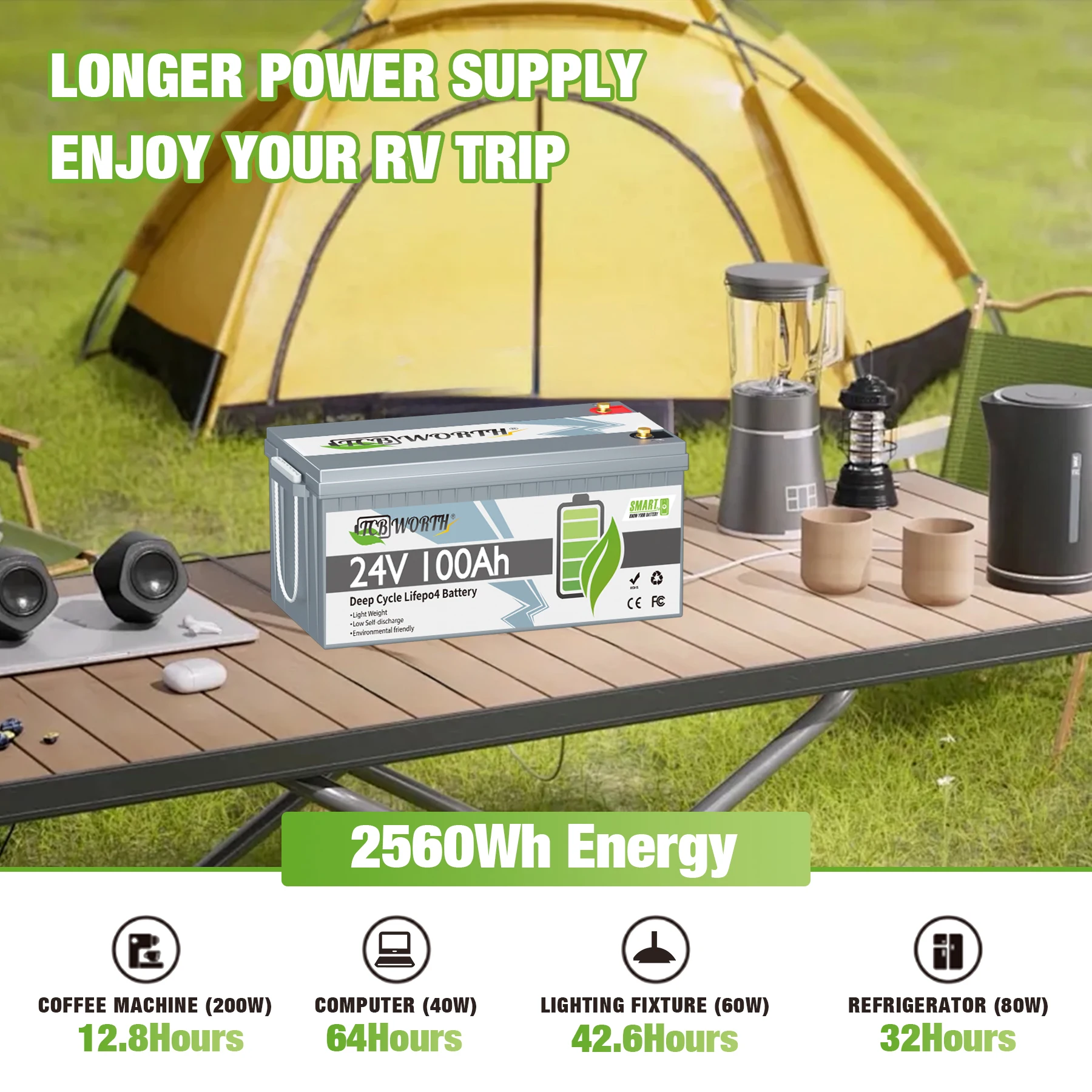 TCBWORTH 24V 100Ah LiFePO4 Batterie 2er-Pack 8000+ Tiefzyklusladungen Eingebautes 100A BMS für Wohnmobile, Trolling-Motoren, Camping, Marine – Detail 10