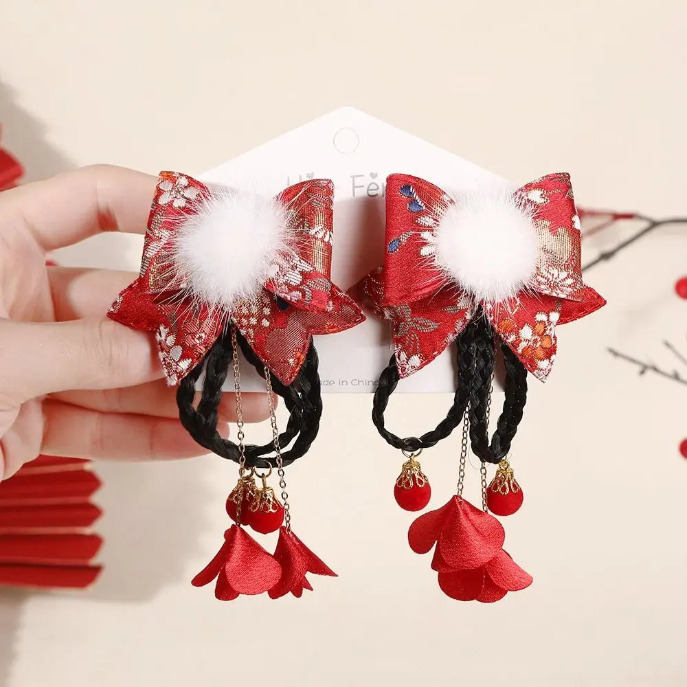 

Chinese Style Children's New Year Hairpin Tang Suit Hanfu Headwear Wig Braid Barrettes Cute Sweet Red Bow Hair Clip Festival