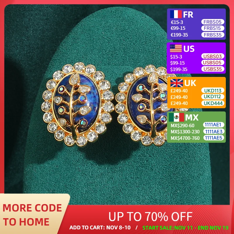 

Antique Jewelry Oval Shape Blue Natural Stone Leaves Stud Earring for Woman Inlaid with Zircon Vintage Luxury Christmas New 2025