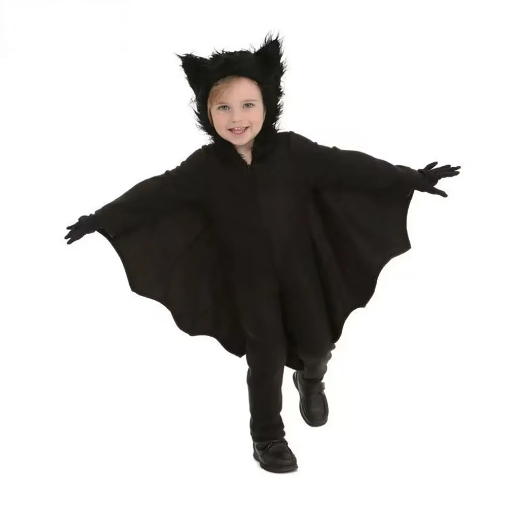 2024 Halloween Unisex Kids Cosplay costume Bat Cape Overall Black Batwing sleeve Hooded Cloak Cute Stage costume for children