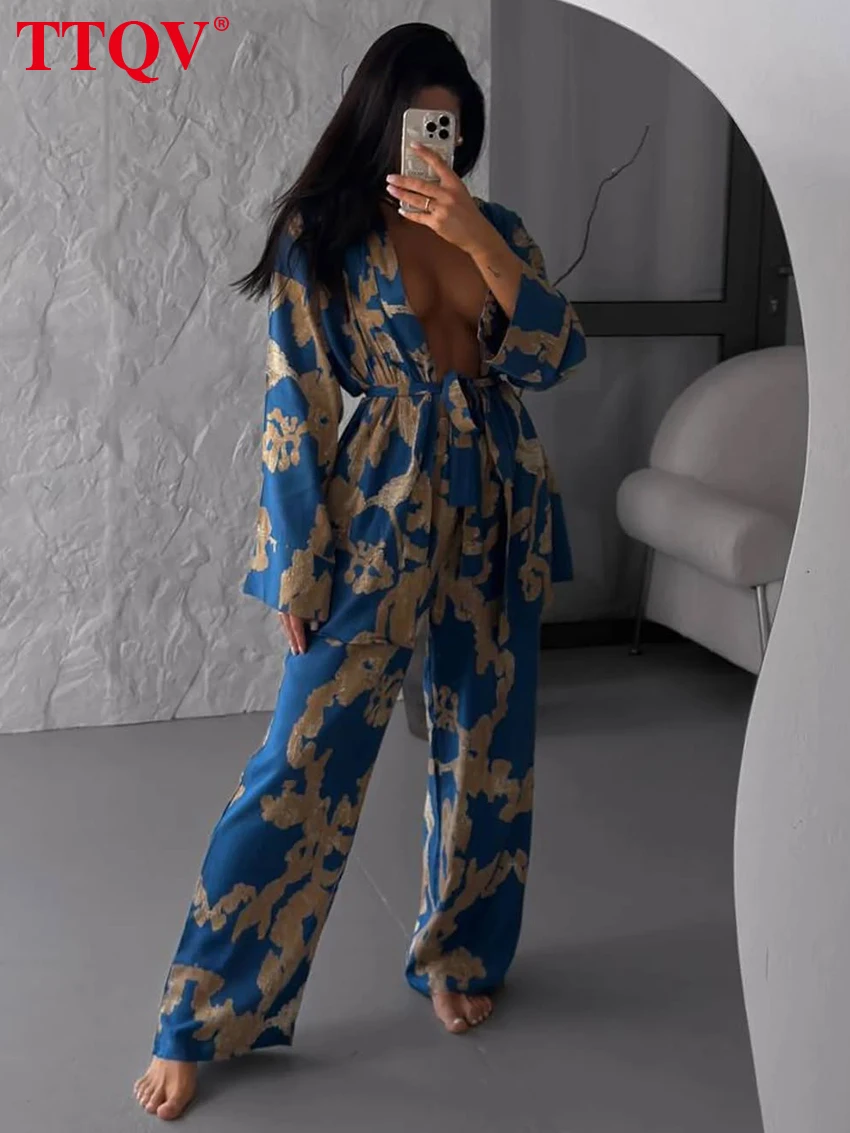 

TTQV Sexy Loose Print Trousers Set 2 Piece Woman 2026 Fashion Long Sleeve Robes With High Waist Wide Pants Set Female Clothing